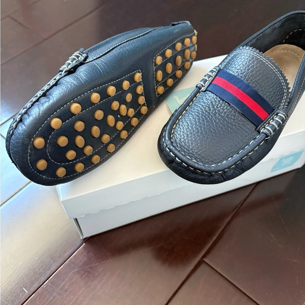 Elephantito Kids Navy Leather Slip-On Loafers with Red & Blue Stripe like new